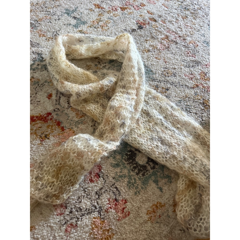Handmade Cream Mohair Blend Open Knit Fuzzy Scarf Neutral Marled Rectangle